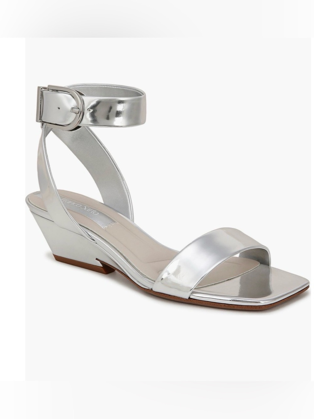 NWOT Franco Sarto size 8 Wide silver Savini wedge ankle strap sandal